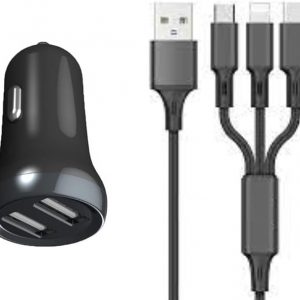 USB Car Charger Pack, [Dual Port] 12 WATT / 2.4A + 3 in 1 Multi Charging Cable Universal USB to Micro USB/USB-C/Phone for Phone, Android