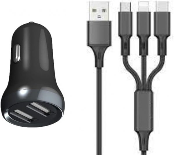 USB Car Charger Pack, [Dual Port] 12 WATT / 2.4A + 3 in 1 Multi Charging Cable Universal USB to Micro USB/USB-C/Phone for Phone, Android