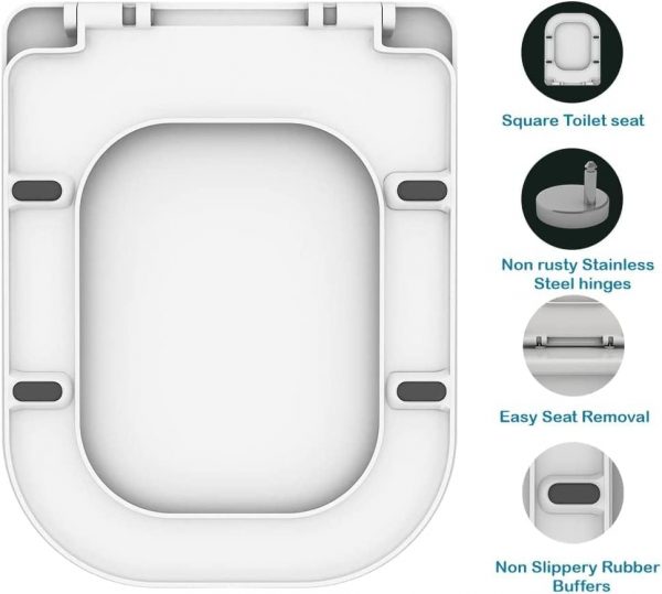 Square Toilet Seat with Soft Close and Quick Release Functions Mute Seat Cover Premium UF Material by AAN® White - Image 4