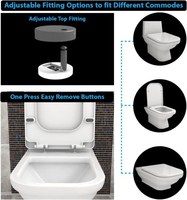 Square Toilet Seat with Soft Close and Quick Release Functions Mute Seat Cover Premium UF Material by AAN® White - Image 5