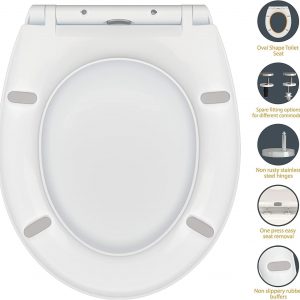 Soft Close Toilet Seat Cover White Standard Size Loo Seat Quick Release for Easy Cleaning Hard Wearing Premium UF Material Heavy Duty Durable WC Easy Installation Dual Fixing & Adjustable Hinges AAN®