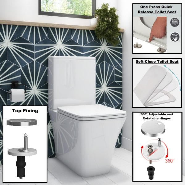 Soft Close Square Toilet Seat One Button Quick Release for Easy Cleaning Easy Installation with Top Fixing & Adjustable Hinges, Standard Size Loo Seat Heavy Duty WC Premium UF Material - Image 6