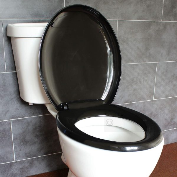 Soft Close Black Toilet Seat Standard Loo Seat with Top & Bottom Fixing Quick Release and Adjustable Hinges O Shape Lid Cover PP