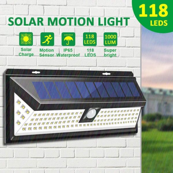 AAN Solar Light Outdoor Motion Sensor Security Light 118 LED 270° Wide Angle Super Bright IP65 Waterproof Durable High Efficiency All Weather Wall Garage Patio Fence Garden Shed [Energy Class A+++]
